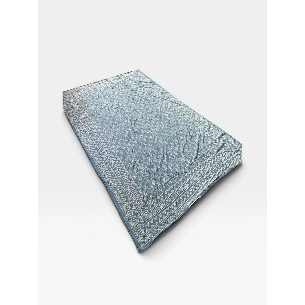 Indigo Blue White Block Print Cotton Throw Wrap Geometric Floral Border India